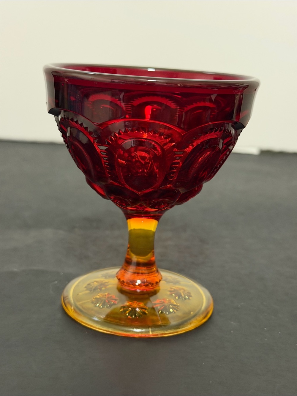 Vintage LE Smith Moon & Stars Amberina UV Glow Sherbet Dish Cadmium Glass